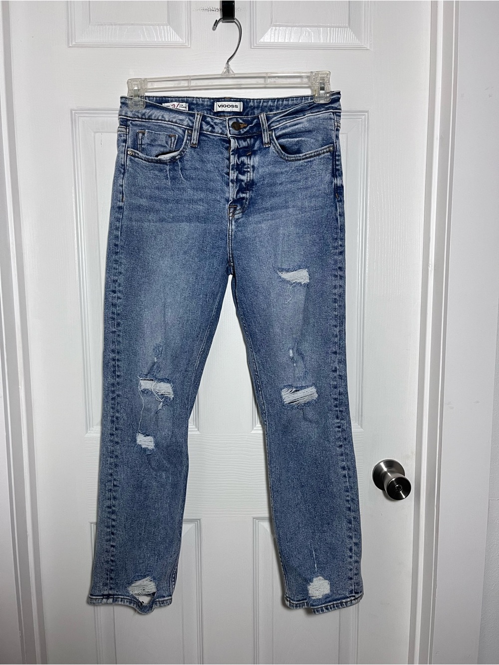 Vigoss Medium Wash Button Fly Distressed Slim Fit Straight Leg Jeans